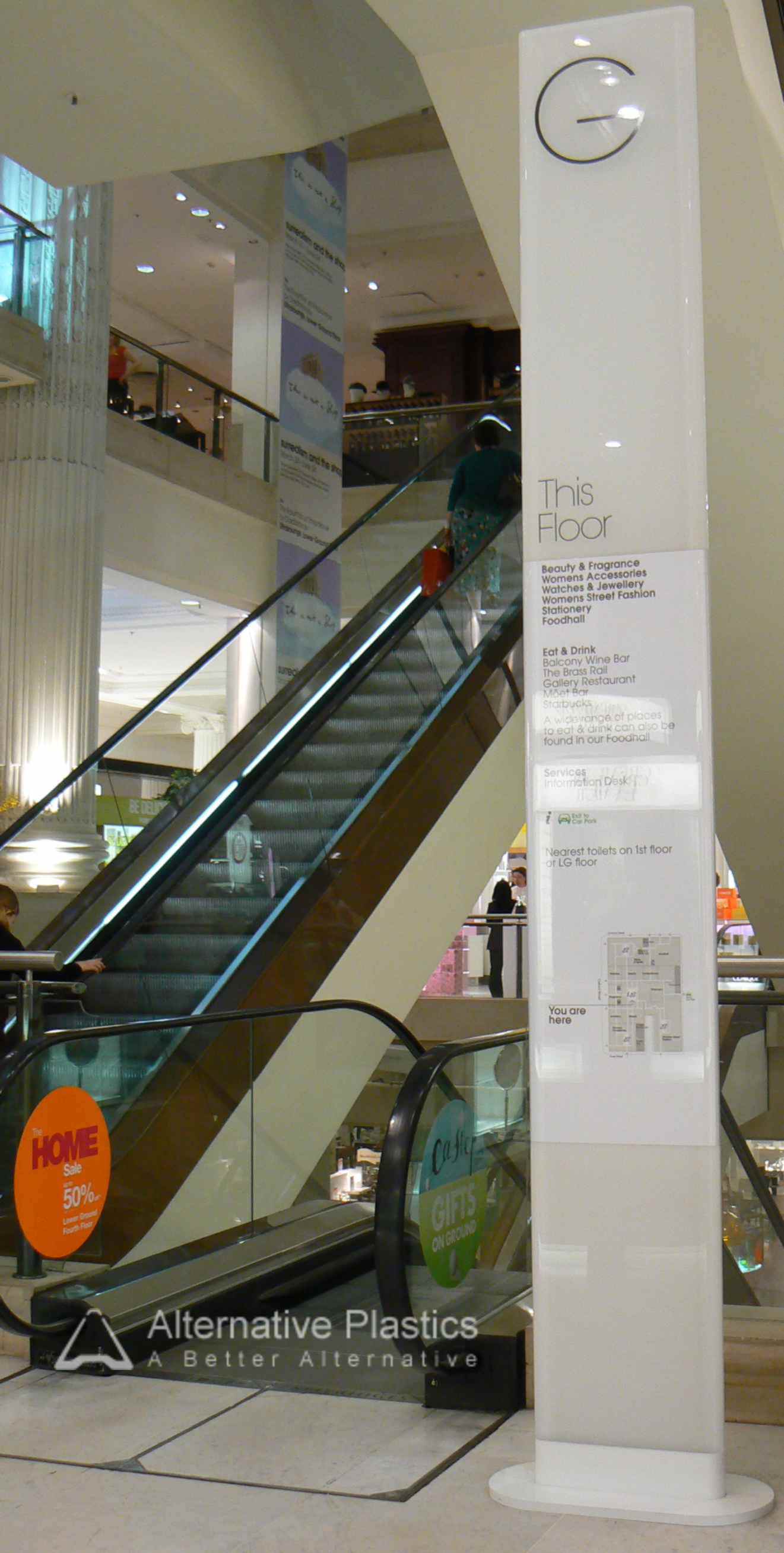 Selfridges Directional Sign Made From Laminated Opal Sheet
