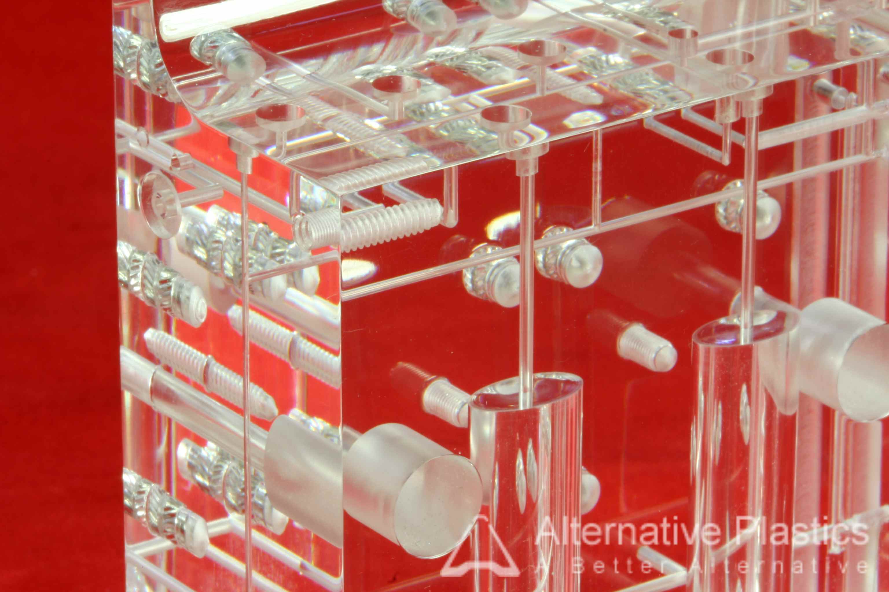 Medical valve block machined from clear cast acrylic block